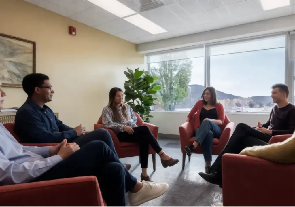 Group therapy session at an addiction treatment center helping individuals find the right rehab program for recovery and mental health support