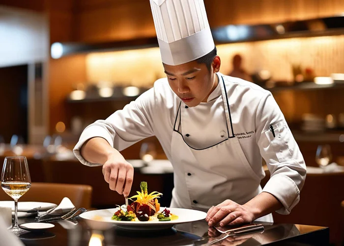 A male chef in a tall white toque and executive chef uniform carefully plating a sophisticated, colorful wellness dish with edible flowers in a professional, luxury kitchen environment.