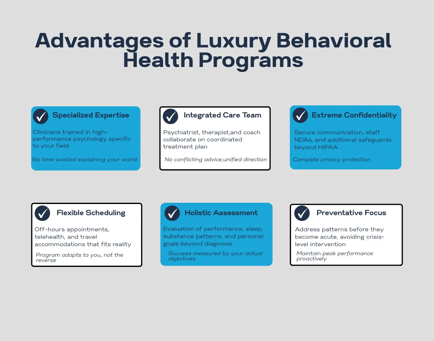 Advantages of luxury behavioral health programs infographic highlighting specialized expertise, integrated care teams, confidentiality, flexible scheduling, holistic assessment, and preventative mental health care