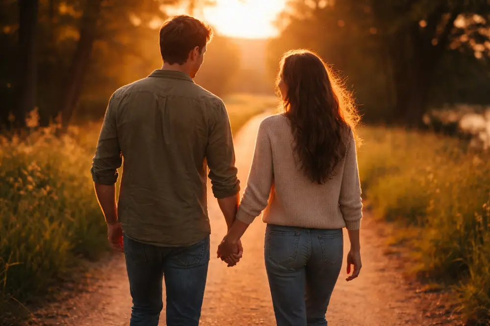 Couple walking together during addiction recovery and relationship healing therapy