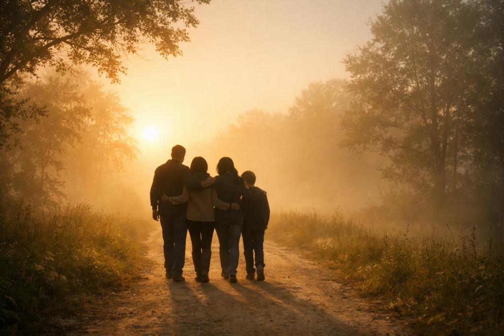 Family walking together during addiction recovery and family healing support program