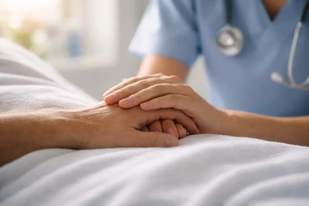 Nurse holding a patient’s hand during medically supervised detox treatment with 24/7 clinical support