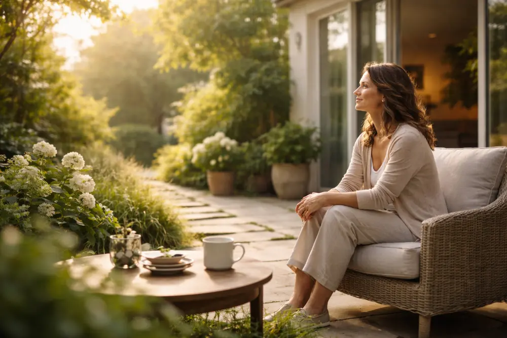 Woman relaxing outdoors at a residential addiction treatment center during recovery therapy