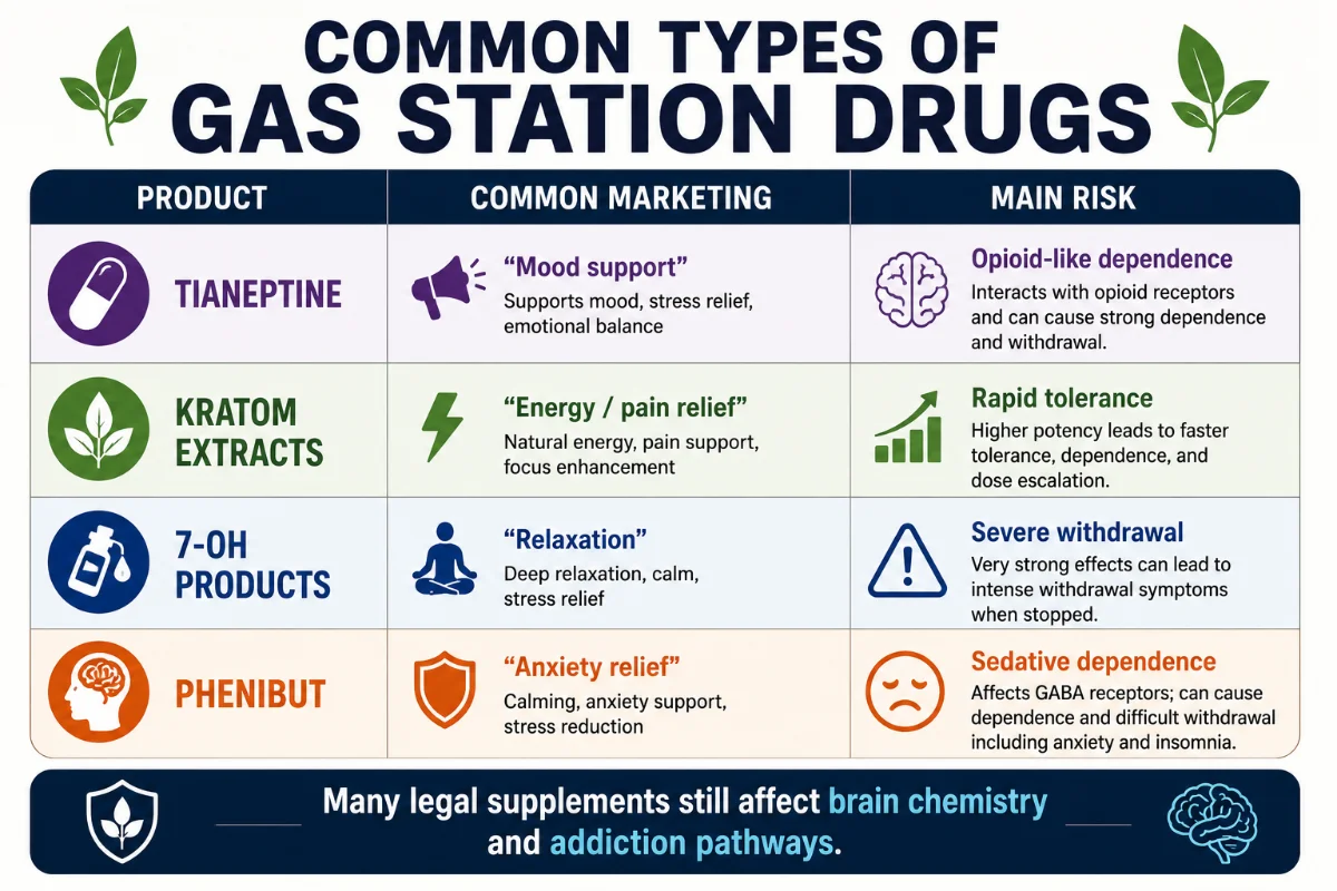 Infographic showing common types of gas station drugs, their marketing claims, and risks including dependence, withdrawal, and addiction