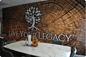 Interior of Legacy Healing Center featuring a private treatment setting and “Live Your Legacy” wall display representing discreet addiction treatment services.