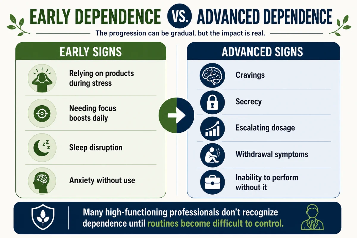 Infographic showing early and advanced signs of gas station drug dependence, including cravings, withdrawal symptoms, anxiety, and escalating dosage.