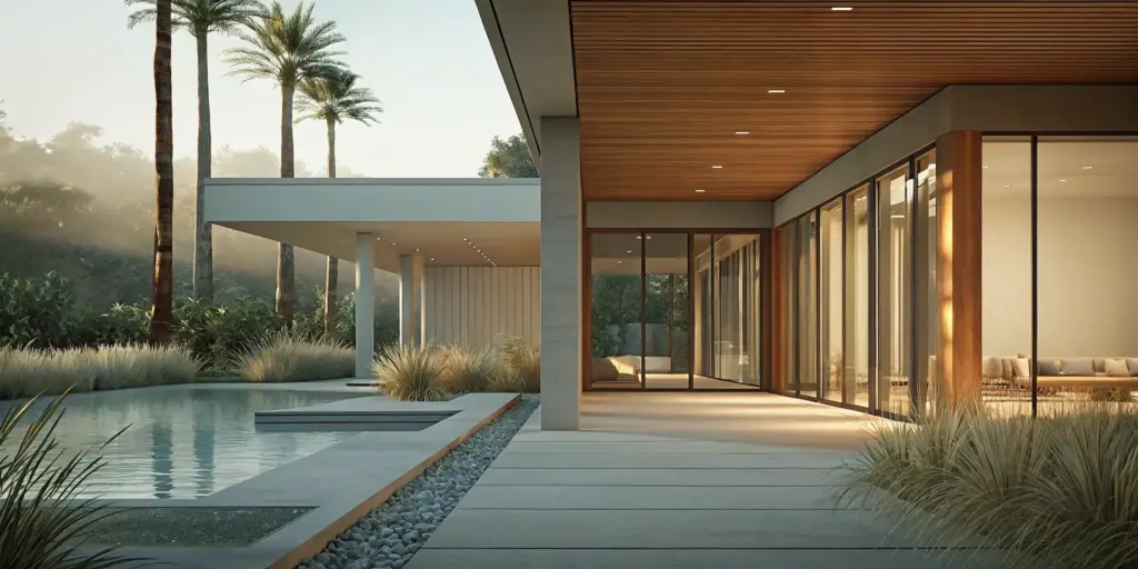 Luxury alcohol rehab center in Los Angeles with a serene pool and outdoor lounge.