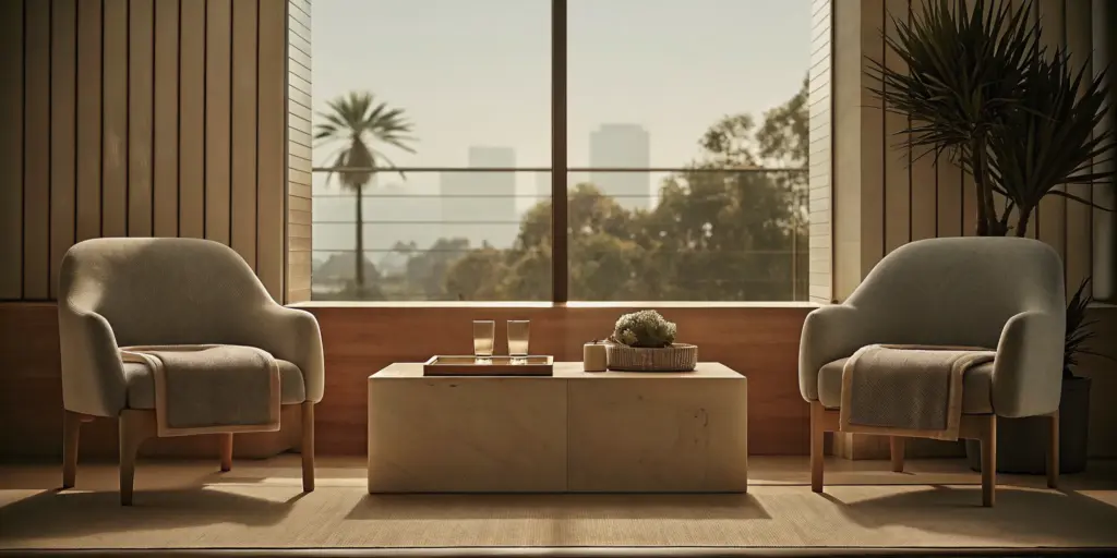 A modern lounge offering a comfortable setting for day alcohol detox in Los Angeles.
