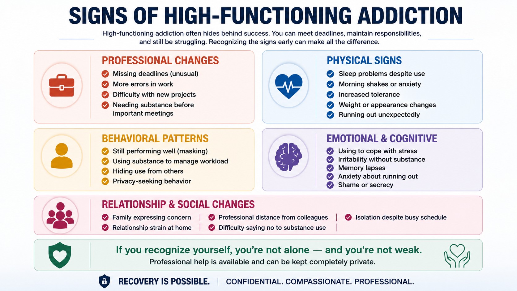 infographic showing signs of high-functioning addiction including professional changes, physical symptoms, behavioral patterns, emotional struggles, and relationship issues.