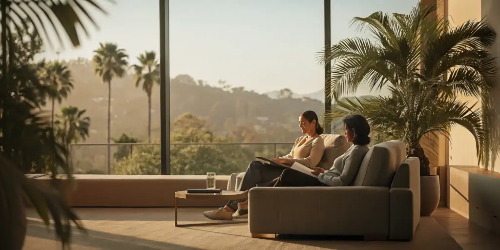 Two women in a supportive counseling session for alcohol addiction treatment in Los Angeles.