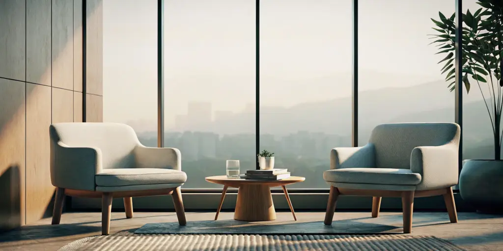 Lounge at an alcohol rehab center in Los Angeles with a city view.