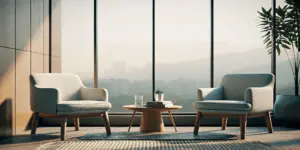 Lounge at an alcohol rehab center in Los Angeles with a city view.