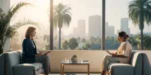A counselor explains cocaine addiction treatment options to a patient in Los Angeles.