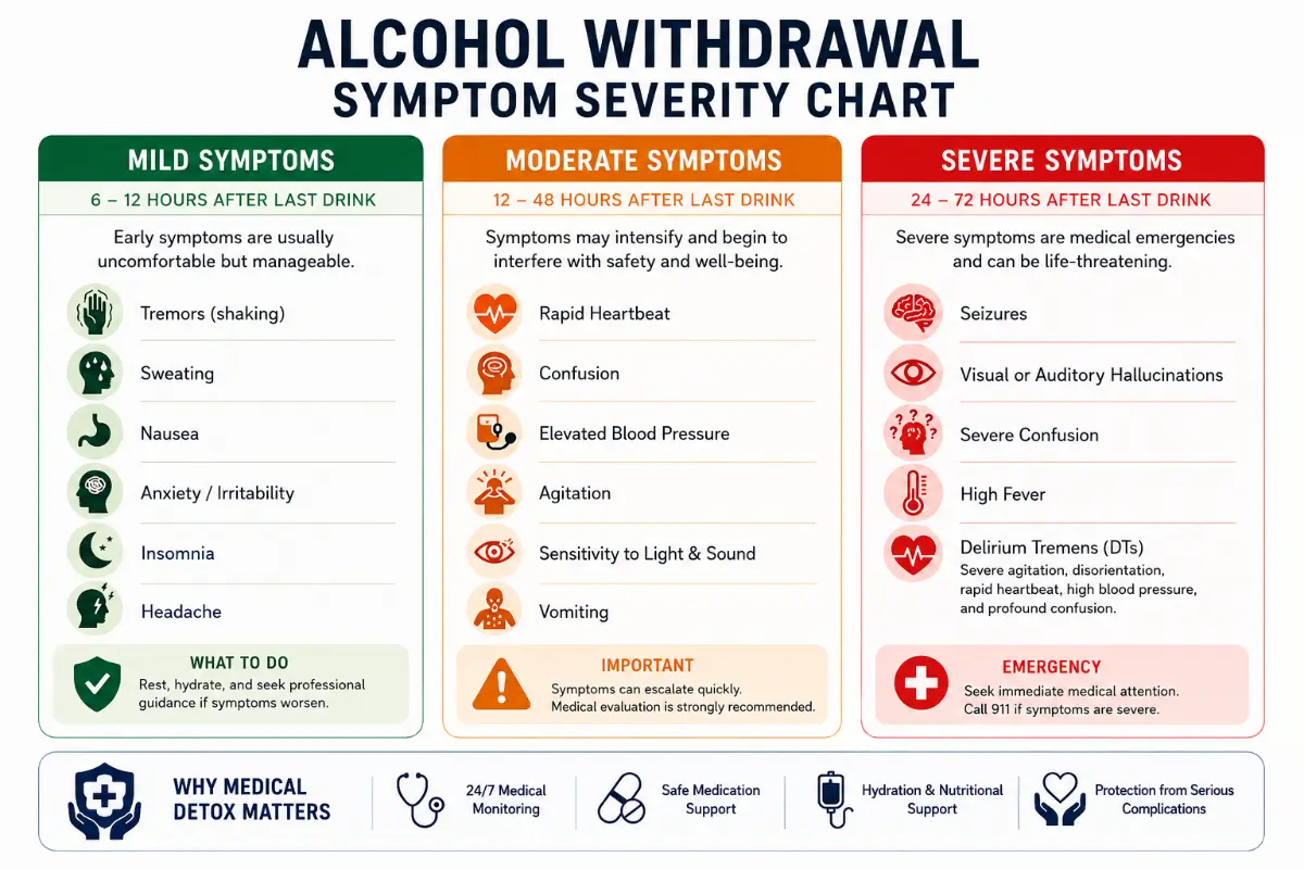 Alcohol withdrawal symptom severity chart showing mild, moderate, and severe withdrawal symptoms by timeline after the last drink