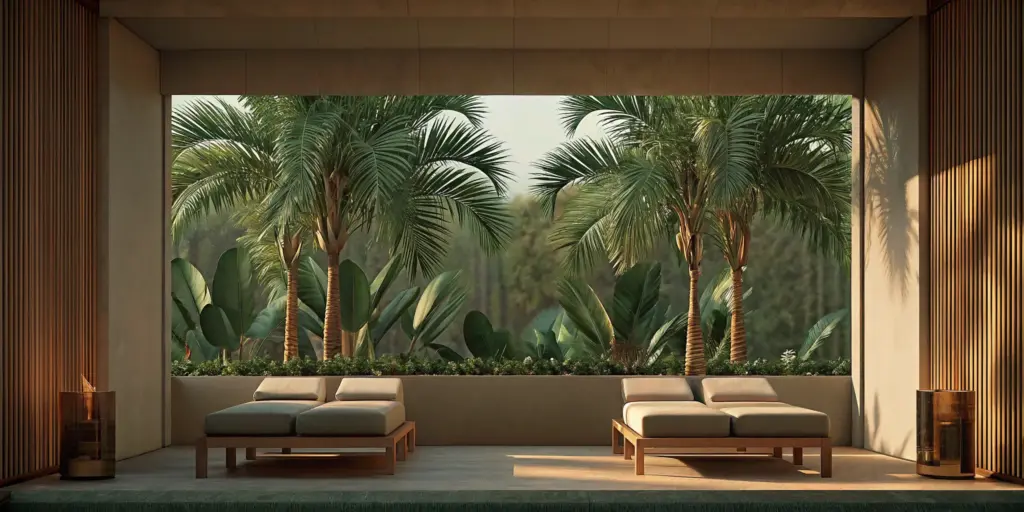 A serene and private luxury residential rehab patio under warm California sunlight in Los Angeles