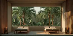 A serene and private luxury residential rehab patio under warm California sunlight in Los Angeles