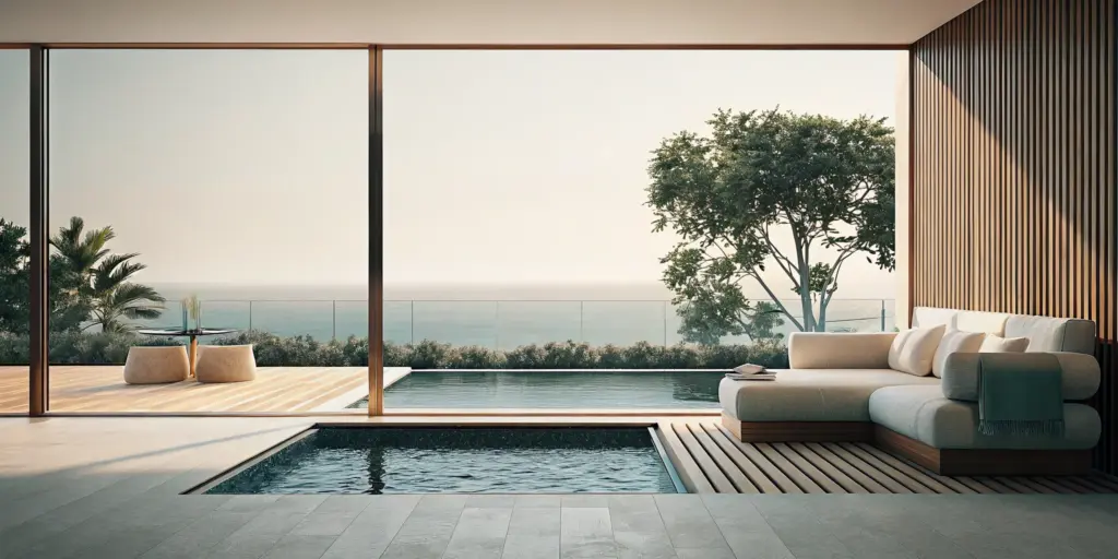 Modern luxury rehab with a private pool, ocean view, and upscale lounge area.