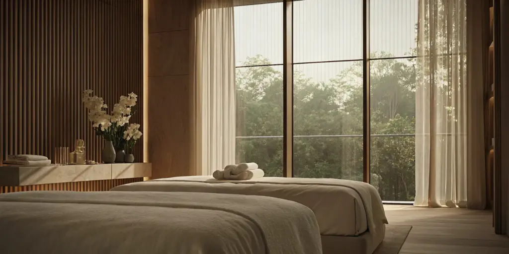 A private suite in a luxury detox facility featuring a plush bed and a serene view of a forest.