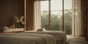 A private suite in a luxury detox facility featuring a plush bed and a serene view of a forest.