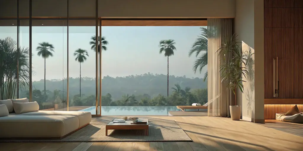 Modern interior of a luxury drug rehab in Los Angeles overlooking an infinity pool.