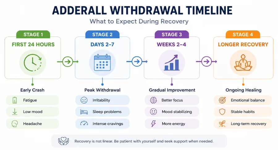 Adderall withdrawal timeline showing stages from the first 24 hours through longer-term recovery.