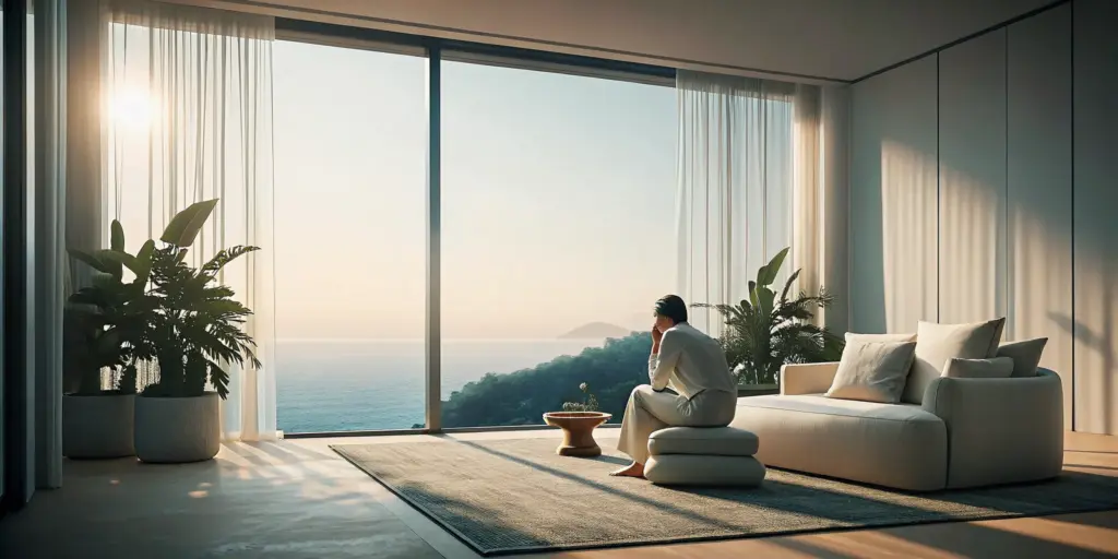 Serene luxury residential living room with soft natural light, embodying peaceful recovery environment