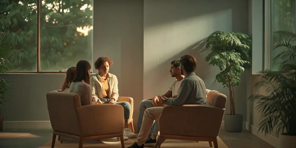 Family therapy session with a therapist and family members in a modern counseling room