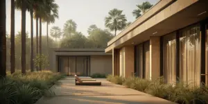 Luxury residential rehab facility in Los Angeles with outdoor seating area and palm trees