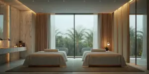 Luxury private detox suite interior with modern furnishings, soft lighting, and serene atmosphere in Beverly Hills