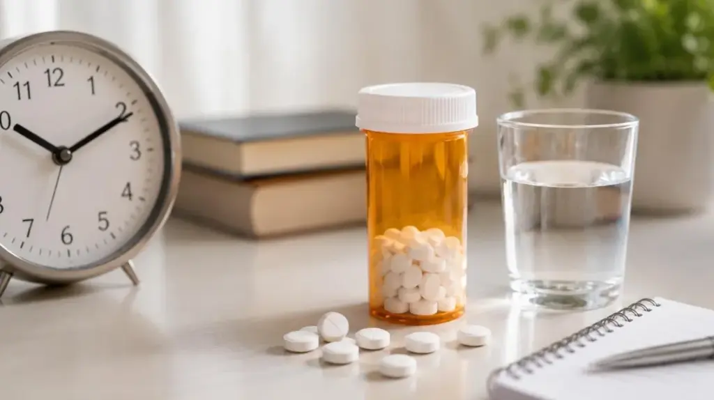 Prescription methylphenidate bottle beside a clock and water illustrating how long methylphenidate lasts in the system