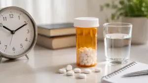 Prescription methylphenidate bottle beside a clock and water illustrating how long methylphenidate lasts in the system