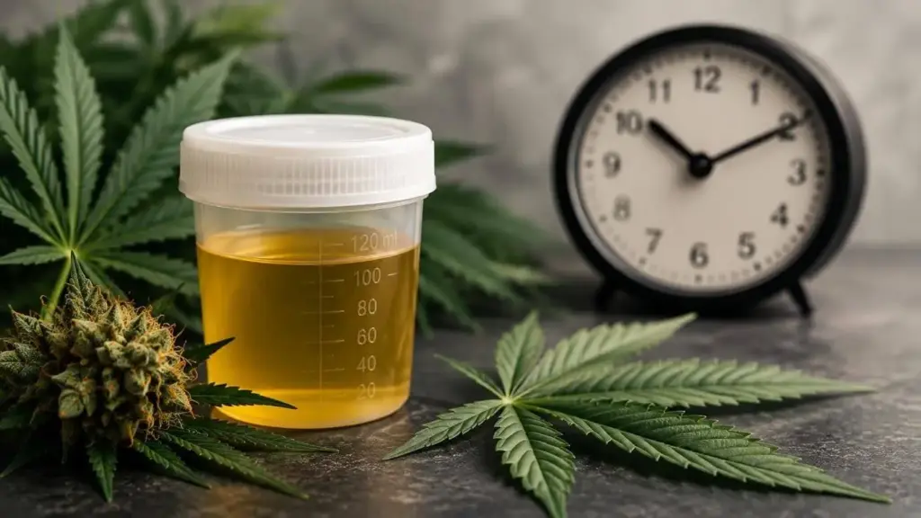 Cannabis and urine sample illustrating how long weed stays in your system and THC detection times