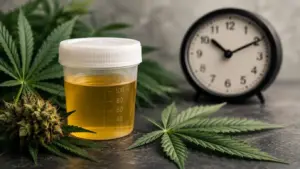 Cannabis and urine sample illustrating how long weed stays in your system and THC detection times
