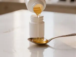 Liquid cold medicine being poured onto a measuring spoon, representing NyQuil dosage, overdose risk, and the importance of taking nighttime cold medication as directed.