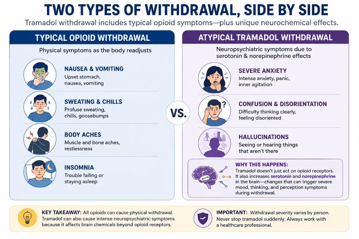 Infographic comparing typical opioid withdrawal symptoms such as nausea, sweating, body aches, and insomnia with atypical tramadol withdrawal symptoms including severe anxiety, confusion, and hallucinations.