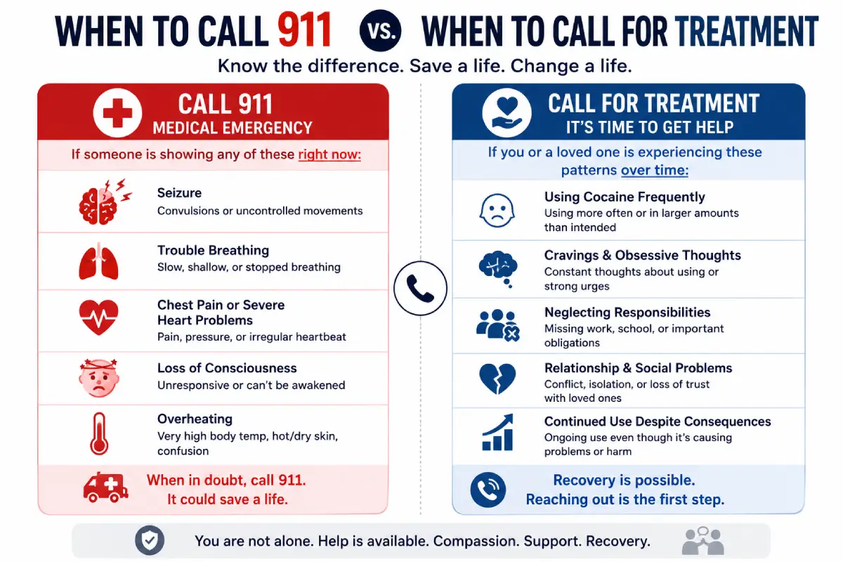 Infographic comparing when cocaine use requires a 911 medical emergency call versus when ongoing cocaine use, cravings, neglected responsibilities, relationship problems, and continued use may indicate a need for addiction treatment