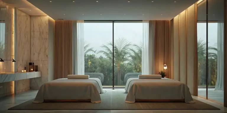 Premium private bedroom at a Los Angeles luxury rehab residence featuring comfortable beds, modern interiors, natural light, and a calm residential treatment environment.