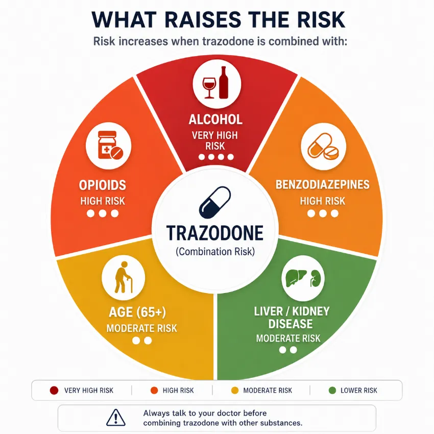 Trazodone overdose risk factors from combining trazodone with alcohol, opioids, and benzodiazepines